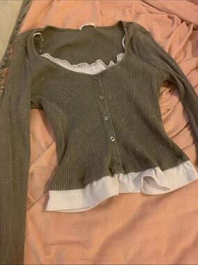Grey long sleeve with white lace cami built in